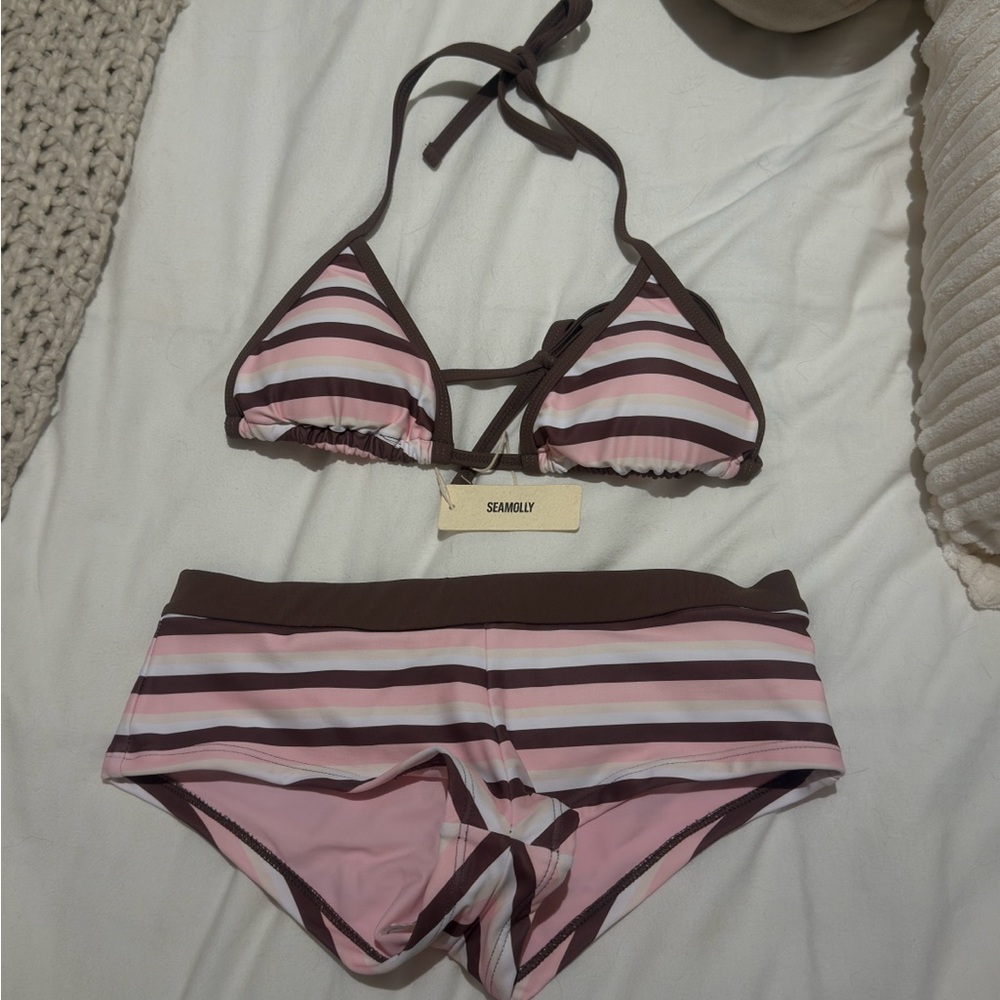 Seamolly Pink & Brown Striped Triangle Bikini Set